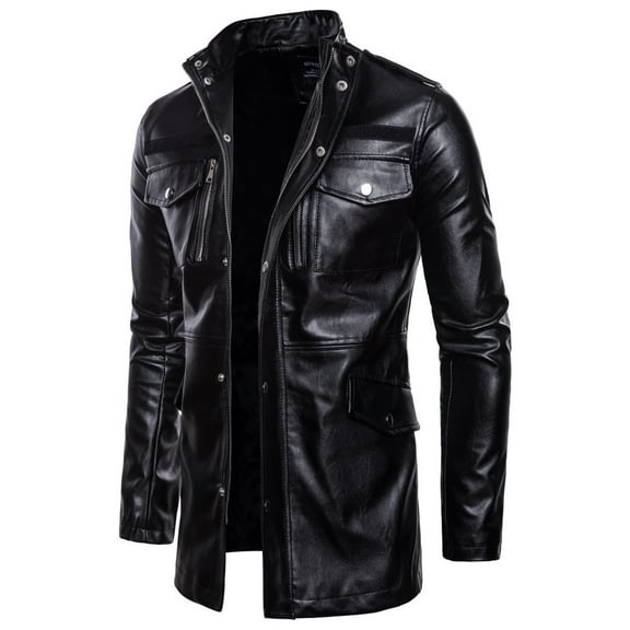 Winter !Homenesgenics Mens Jackets Men Mid-length Leather Stand-collar Four-pocket Motorcycle Black XXXXL