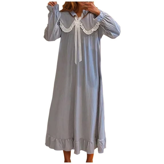 JUSLIO Nightgowns for Women Casual Bow Ruffle Warm Flannel Long Loose Nightdress Blue XXL