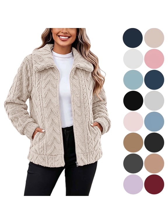 Womens Outwear Plus Size, Solid Winter Faux Coats Long Sleeve Hoddede Pockets Fleece Jacket Casual Trendy Outerwear