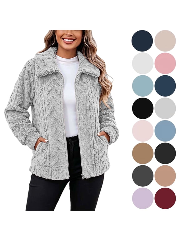 Womens Winter Coats Long Sleeve Solid Hoodies Pockets Fleece Jacket Casual Trendy Overcoats