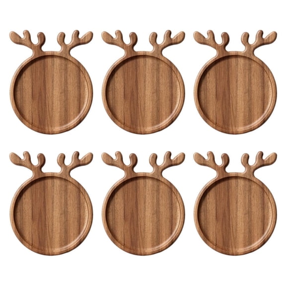 Yucurem 6PCS Christmas Reindeer Shaped Wood Tray Charcuterie Board, Christmas Rustic Antler Serving Platter for Snack Dessert Fruit Steak (15X21cm)