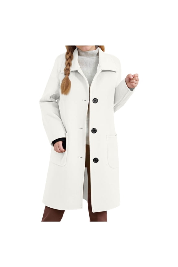 Winter Clothes Girls Long Wool Blend Trench Coat Single Breasted Lapel Neck Warm Dressy Peacoat Jacket 4-15Y (14-15Years, White)