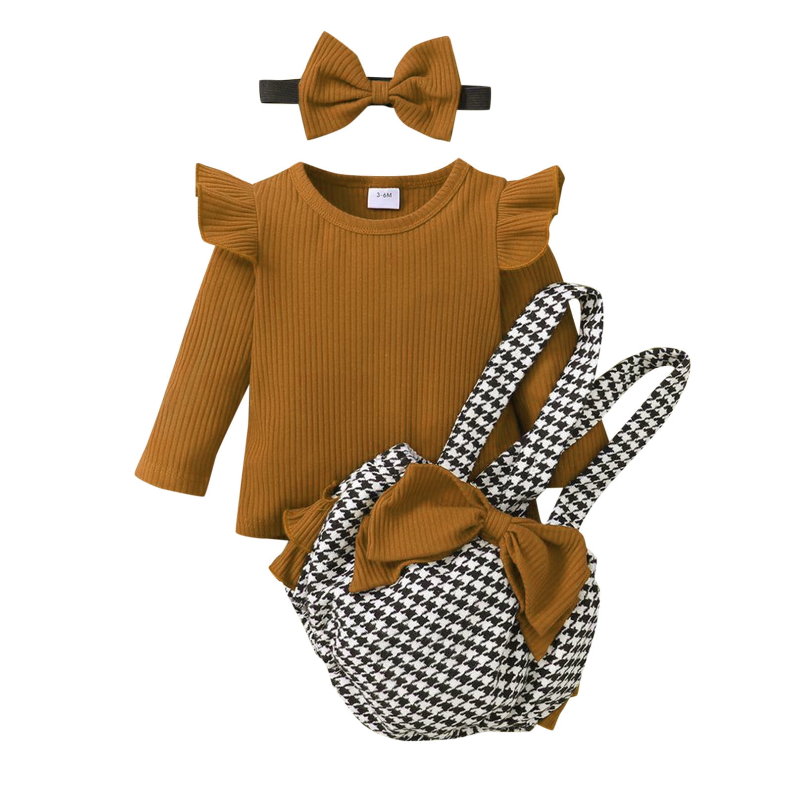 Winter Clothes for Teen Girls Cute Fashion Outfits Baby Girls Long Ruffled Sleeve Solid Tops Plaid Suspender Pant With Headbands 3PCS Outfits Set Tween Girls Walmart