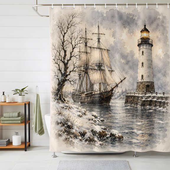 Winter Coastal Shower Curtain for Bathroom, Vintage Ocean Watercolor Sailboat Lighthouse Waterproof Fabric Shower Curtain with 12 Hooks, Bathroom Curtain Set for Bathroom Decor, 36 x 72 Inches