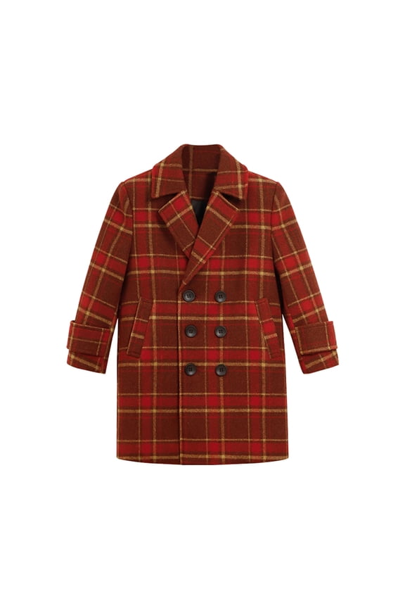 Winter Coat Boys Double Breasted Peacoat Notched Lapel Thicken Wool Blend Trench Coat Long Jackets for Kids (120, Red|Plaid)