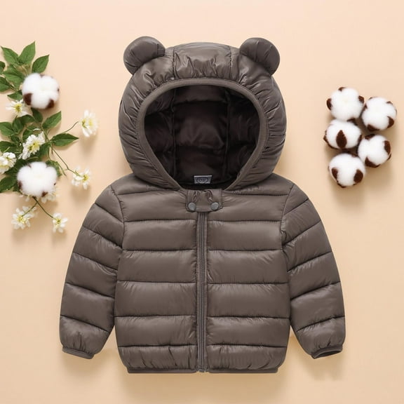 Winter Coat for Boys Warm Puffer Jackets Kids Zip up Long Sleeve Lightweight Windproof Jacket Outwear Cute Bear Ear Hooded Jackets with Pockets Winter Clothes 6-7 Years