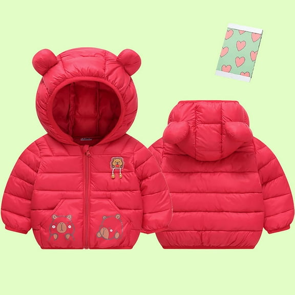 Winter Coat for Girls Puffer Jacket Kids Cartoon Print Full-Zip Long Sleeve Lightweight Kids Warm Winter Coat Outerwear Bear Hooded Down Jacket 4-5 Years Girl Clothes Fall