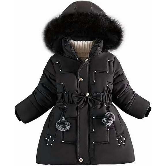 Winter Coat, Girls' Winter Jacket, Children's Warm Fleece Coats, Thickened Cotton Lined Jacket, Classic Parka with Studs, Belt, Bows
