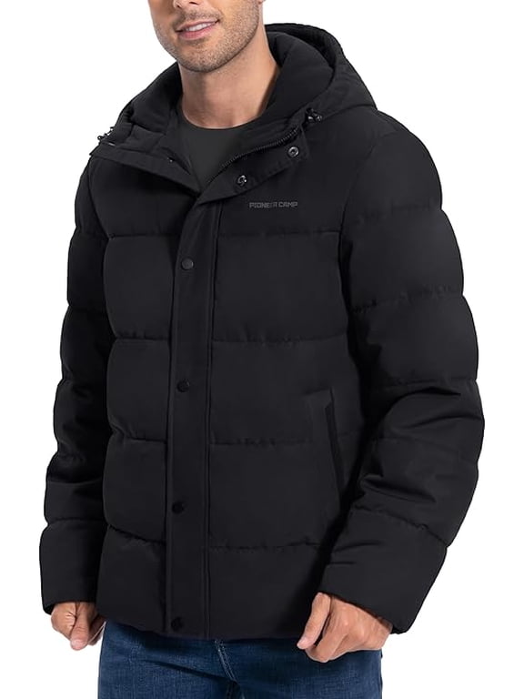 Men's Waterproof Thicken Hooded Athleisure Quilted Mid-Length Winter Coat, Black, XL