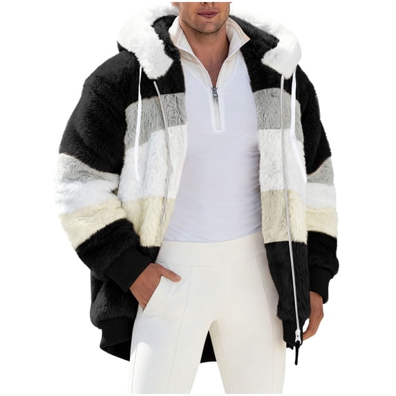 Winter Coat for Men Xunlbb Men's Fleece Hooded Jacket Multi-Color Stripes Reversible Plush Long Sleeve Coat with Full Zip and Oversized Pockets for Winter, Size S-3XL
