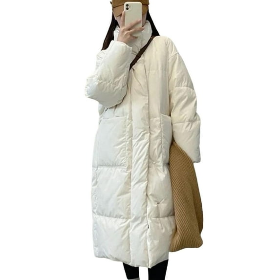 Winter Down Coat Thickened Padded Stand Collar Neck Protection Knee Length Pockets Zipper Closure Windproof Heat Retention Daily Cold Weather Outwear Cotton Jack