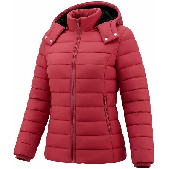 Winter Coat Women Long-Sleeve Water-Resistant Puffer Jacket with Hooded, Burgundy S