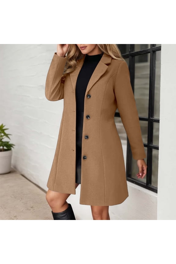 Winter Coat for Women Stand Collar Single Pea Coat Mid-Long Outwear with Pocket,Women's Fall Winter Elegant Single Long Wool Coat Overcoat
