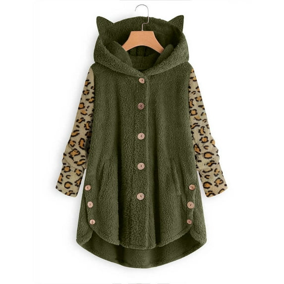 Winter Coat Women, Winter Clothing for Women, Womens Button Down Fuzzy Jackets Lepard Color Block Sherpa Fleece Coat Outwear with Pockets Black Trench Coat Women