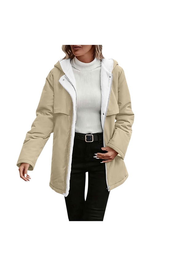 Winter Coat Women's Thicken Jacket Fleece Lined Jacket Trench Hoodie Coats Zip Up Peacoat Wool Blend Outwear Trendy Dressy Peacoat Work Office Puffer Coat(Khaki,S)
