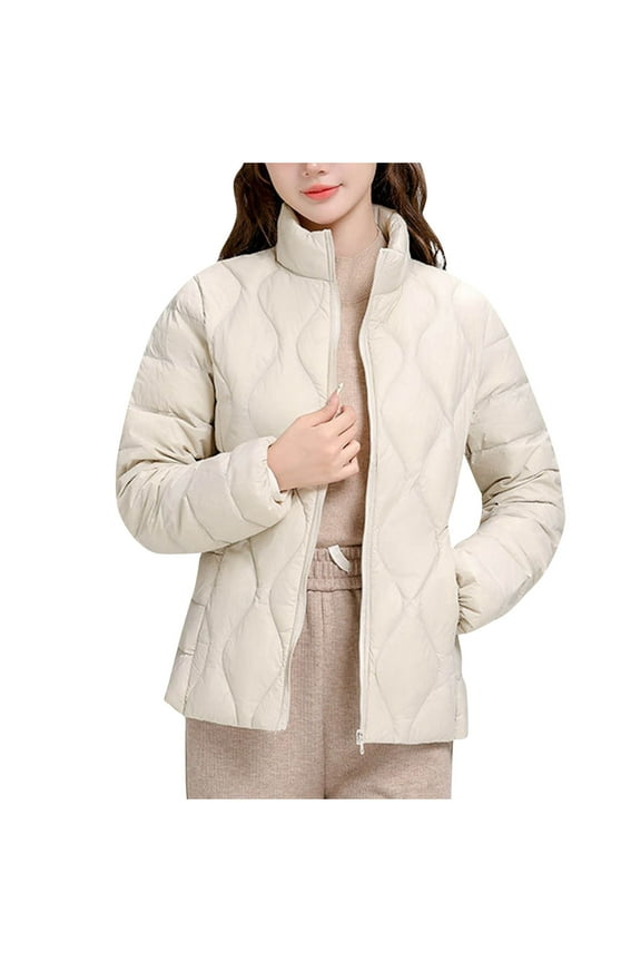 Winter Coat Women's Women's Packable Lightweight Coat Full-Zip Puffer Jacket Stand Collar Quilted Winter Short Coat Slim Plus Size Thin Jacket S-176 Beige L