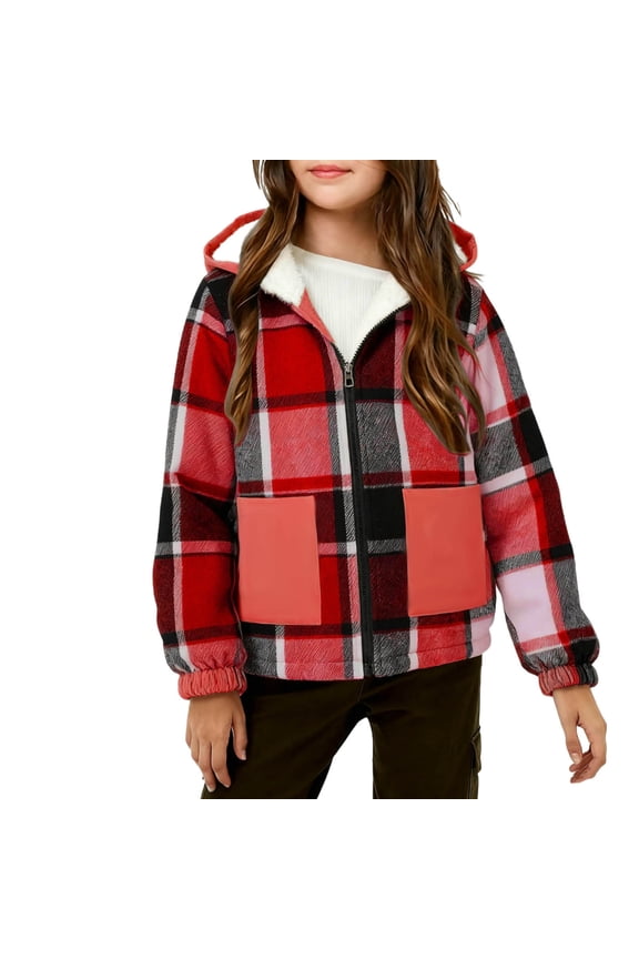 Winter Coat for Girls 4-15 Years Sherpa Fleece Lined Zip up Hoodie Plaid Jacket with Pockets Flannel Outerwear (8-9Years, Red)