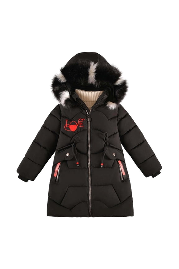 Girl Winter Coat Hooded Puffer Jacket Letter Print Jacket for Girls Zip up Long Sleeve Thicken Waterproof Jacket Kids Girls Fall Jacket 9-10 Years