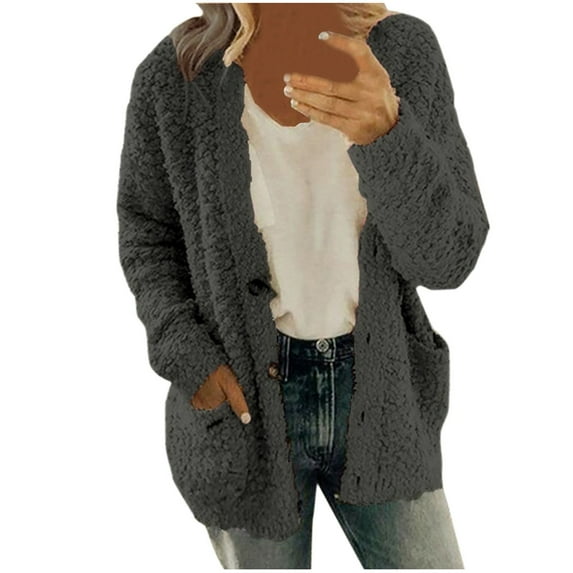 Winter Coat for Women Casual Fleece Sweater Open Front Plus Size Plush Sweater Buttons Outerwear Soft Cardigan Coat With Pockets