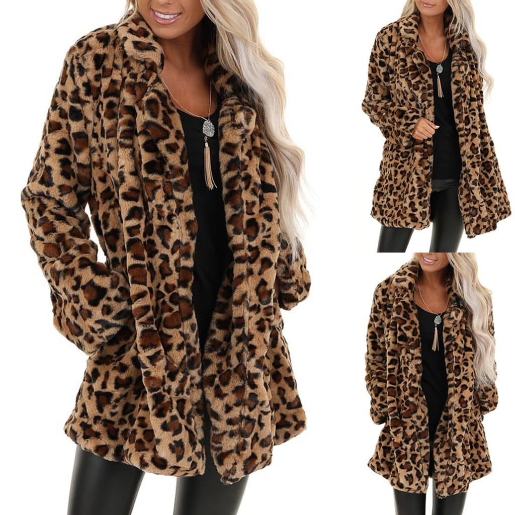 Winter Coat for Women Fleece Jacket Leopard print Coats Long