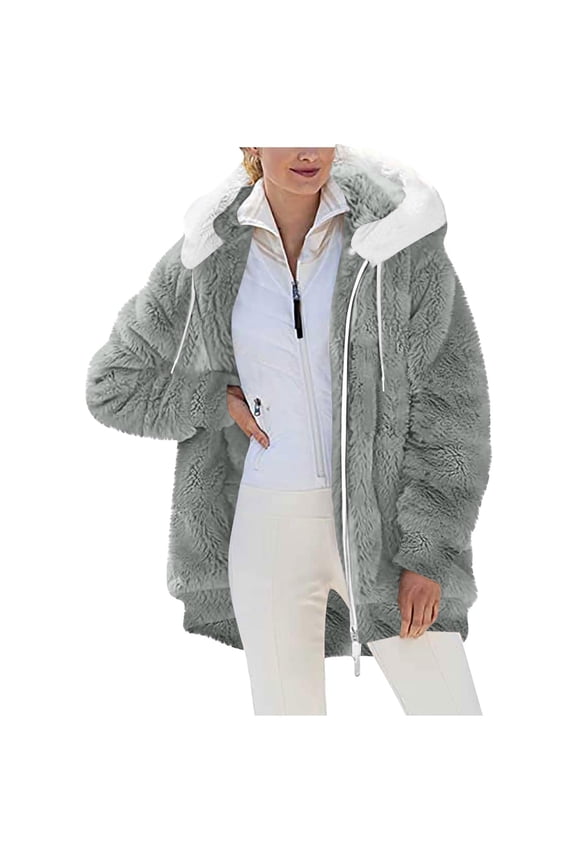 Winter Coat for Women Fuzzy Fleece Jackets Cute Ears Hooded Sherpa Color Block Patchwork Zip Up Cardigan Outerwear