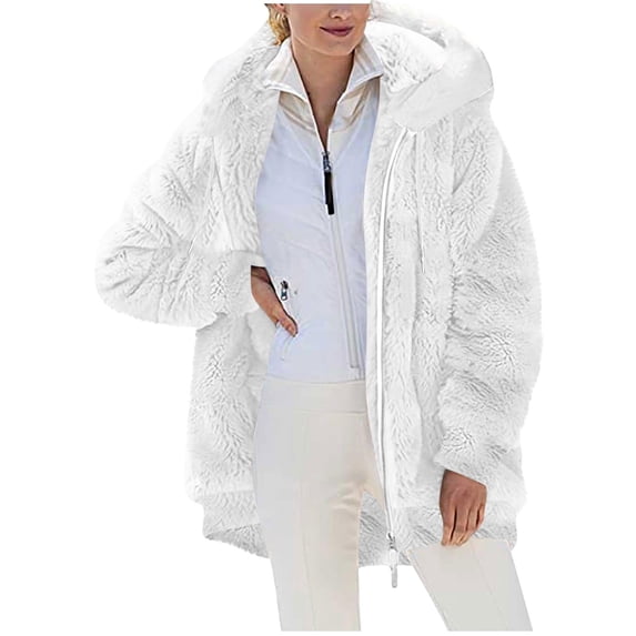 Winter Coat for Women Fuzzy Fleece Jackets Cute Ears Hooded Sherpa Color Block Patchwork Zip Up Cardigan Outerwear
