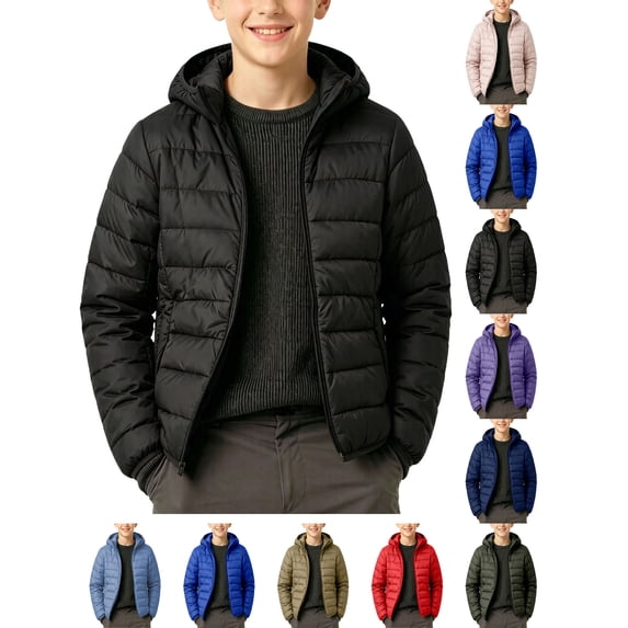Winter Coats For Boys Children's Winter Solid Color Long Sleeve Hooded Zipper Quilted Coat Keep Warm Coat Kids Black 13-14Years