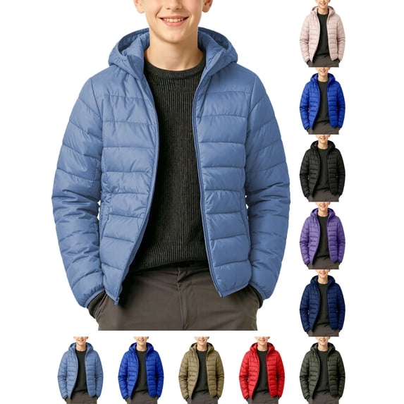 Winter Coats For Boys Children's Winter Solid Color Long Sleeve Hooded Zipper Quilted Coat Keep Warm Coat Kids Gray 11-12Years
