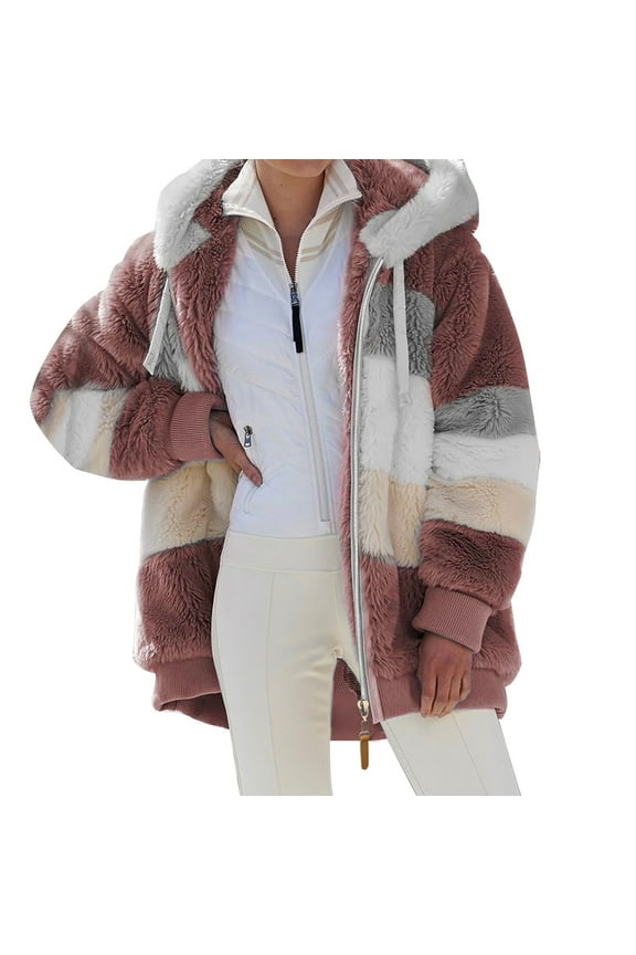 Winter Coats For Women 2025 Winter Fuzzy Fleece Hooded Color Block Cardigan Coats Warm Faux Fur Zip Blanket Jackets with Pockets