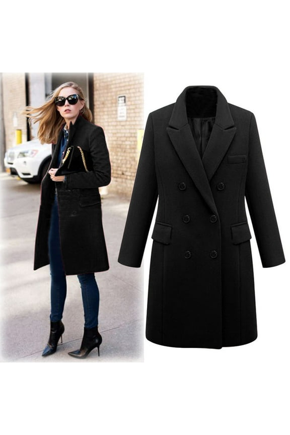 Winter Coats Jacket For Womens Long Sleeve Open Front Double Breasted Button Lapel Loose Outerwear Black L