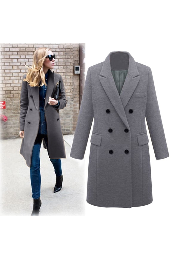 Winter Coats Jacket For Womens Long Sleeve Open Front Double Breasted Button Lapel Loose Outerwear Gray S
