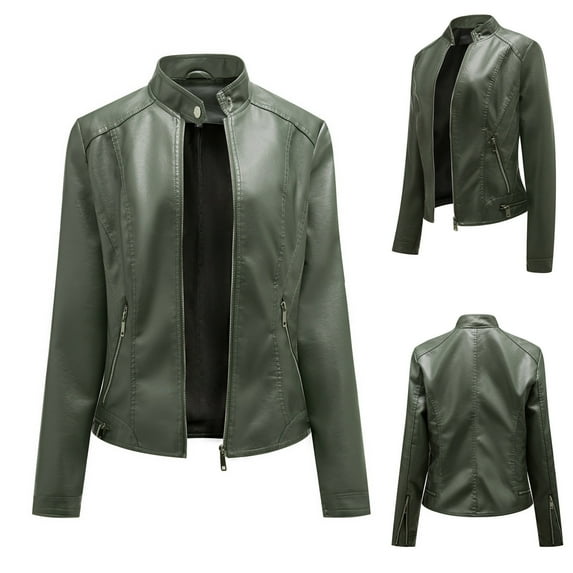 Winter Coats Jackets for Women Womens Warm Long Sleeve Jacket Slim Winter Parkas Faux Leather Hoodless Coats Army Green 4(S)