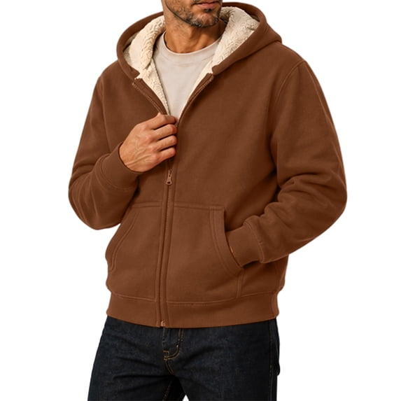 Winter Coats for Men Long Sleeve Zip Up Thick Winter Jacket Sherpa Fleece Lined Hooded Work Lightweight Oversized Fashion Outerwear with Pockets Brown XL