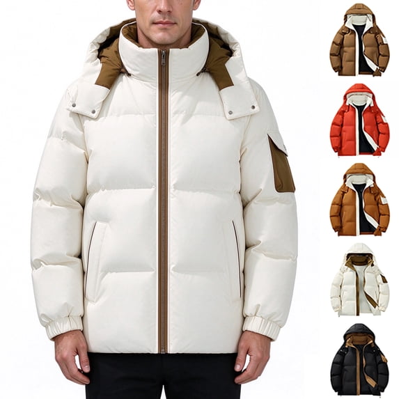 Winter Coats Puffer Jacket for Men Color Block Hooded Thick Quilted Insulated Winter Coat Zip Up Windproof Loose Fit Casual Snow Outerwear 5 Contrast Color Options Available