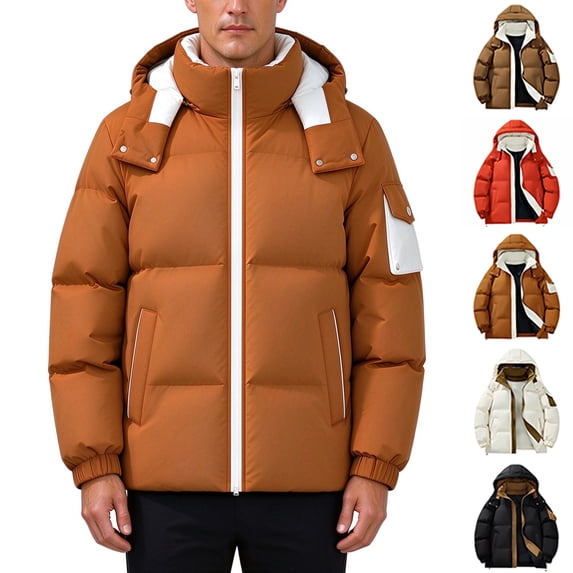 Winter Coats Puffer Jacket for Men Color Block Hooded Thick Quilted Insulated Winter Coat Zip Up Windproof Loose Fit Casual Snow Outerwear 5 Contrast Color Options Available