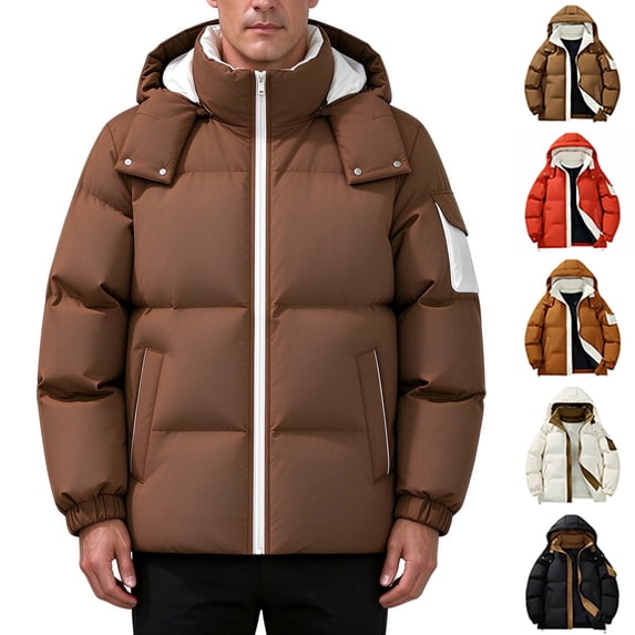 Winter Coats Puffer Jacket for Men Color Block Hooded Thick Quilted Insulated Winter Coat Zip Up Windproof Loose Fit Casual Snow Outerwear 5 Contrast Color Options Available