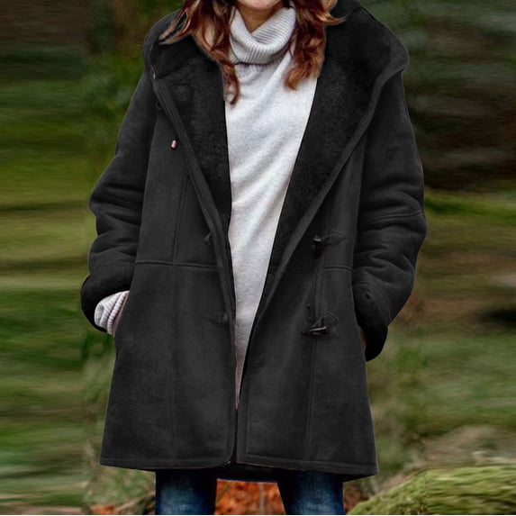 Winter Coats for Women 2024 Warm Sherpa Fleece Lined Jackets Plus Size Hooded Parka Faux Suede Pea Coat Outerwear,Womens Winter Coat Long Lined Horn Buckle Sherpa Jackets