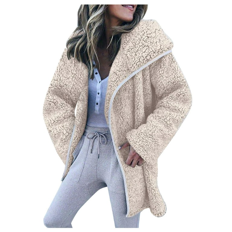 UPPADA Winter Coats for Women Winter Coat for Women Trendy Polar Fleece  Jackets Long Sleeve Cardigan Plus Size Pocket Outfits Open Front Overcoat  Abrigos de Mujer Elegantes para Invierno 