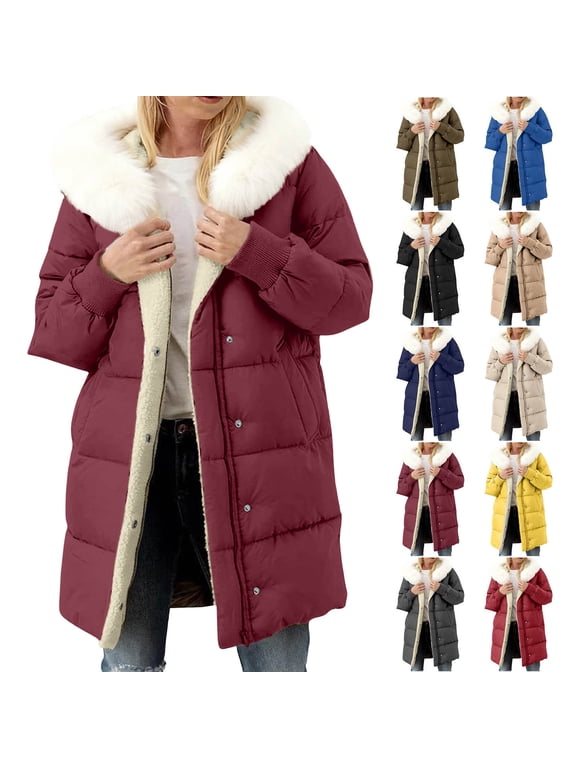 Winter Coats for Women Collar Mid-Length,Fleece Lined Warm Winter Puffer Parka,Pockets Detachable Hat,Oversized Quilted Thick Padded Hooded Jacket with Button and Zip Closure
