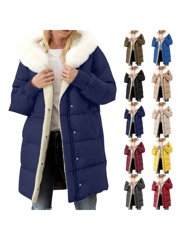 Winter Coats for Women Collar Mid-Length,Fleece Lined Warm Winter Puffer Parka,Pockets Detachable Hat,Oversized Quilted Thick Padded Hooded Jacket with Button and Zip Closure