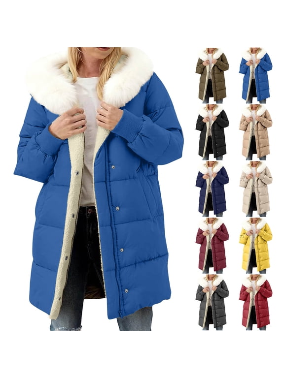 Winter Coats for Women Collar Mid-Length,Fleece Lined Warm Winter Puffer Parka,Pockets Detachable Hat,Oversized Quilted Thick Padded Hooded Jacket with Button and Zip Closure