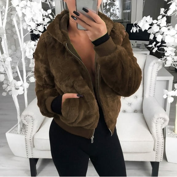 Winter Coats for Women Cropped Zip Up Fleece Lined Sherpa Long Sleeve Hooded Jacket with Pockets Shaggy Warm Solid Color Loose Coat 2025 Fashion Thermal Outerwear