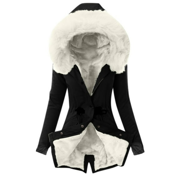Winter Coats for Women Deals! Verugu Womens Hooded Warm Winter Overcoat with Faux Fur Lined, Winter Parka Jacket Thick Down Outerwear Jacket for Women White S