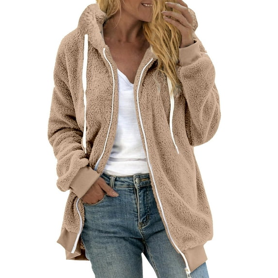 Winter Coats for Women with Drawstring Hood V-Neck Long Sleeve Zip Up Jacket Soild Color Sport Causal Plush Warm Outerwear Fashion Clothing for Young Adult