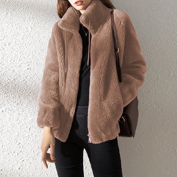 Winter Coats for Women Fashion Plush Thick Standing Collar Plus Size Cardigan Casual Loose Warm Soild Color Zipper Fuzzy Fleece Jacket with Pocket S-5XL on Clearance