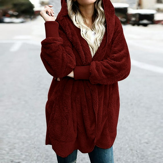 Winter Coats for Women Fashion Solid Color Plus Size Fuzzy Fleece Jacket Casual Loose Long Sleeve Plush Hooded Cardigan with Pockets S-3XL on Clearance