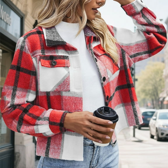 Winter Coats for Women Flannels Jcacket for Women Cropped Shacket Jacket Fashion Plaid Button Down Shirt Fall Casual Loose Long Sleeved Short Style Double Pocket Lapel Coat Tops, Size S-4XL