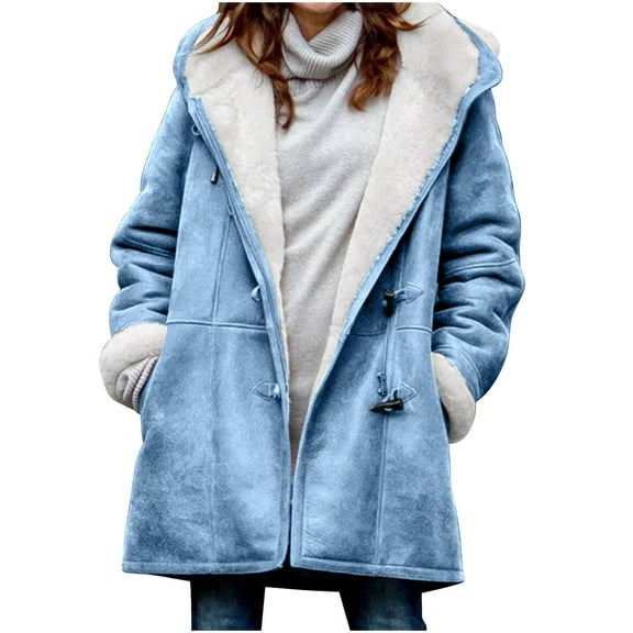 Winter Coats for Women, Fleece Lined Jackets with Hood, Horn Button Peacoat Thicken Warm Winter Parka Overcoats with Pockets Zip up Hoodie Set Women Light Blue S
