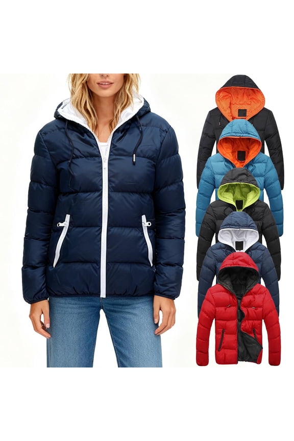 Winter Coats for Women Lightweight Hooded Puffer Jacket Packable Down Jacket with Zippered Double Pocket Long Sleeve Fashion Parkas Under $10 Navy XXXXL