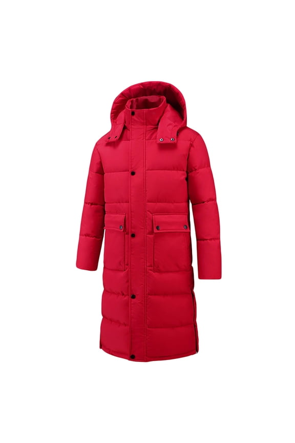 Winter Coats for Women Plus Size Long Puffer Jackets for Men Windproof Parka with Pockets Removable Hood Insulated Warm Outerwear for Cold Weather,Red,XXL